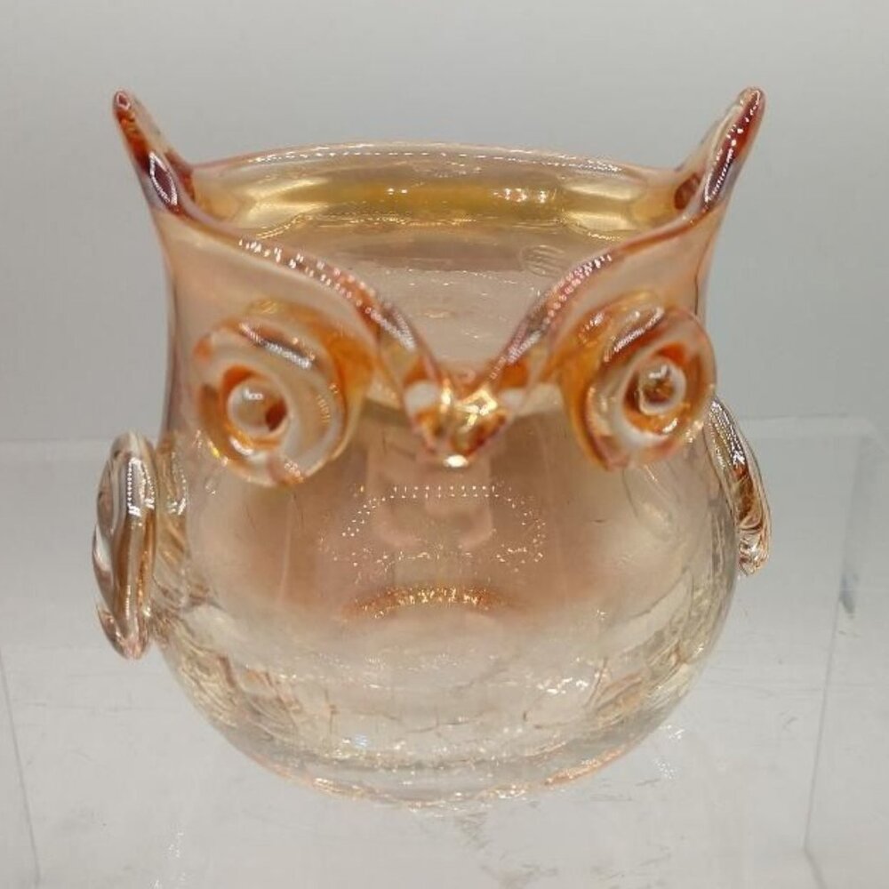 Vintage Blown Glass Amber Owl Vase With Intricate Detailing & Unique Handcrafted